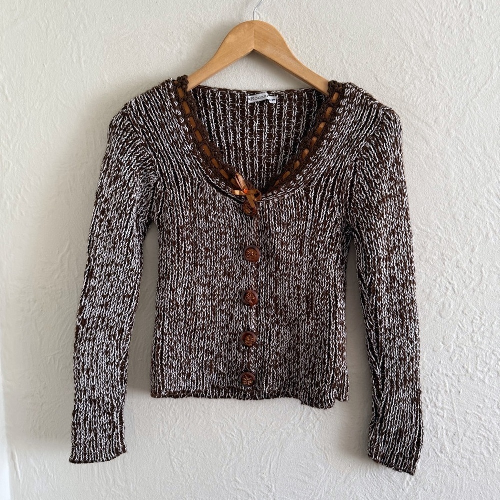 Y2K Brown & White Knitted Cardigan With Ribbon Detail Size S